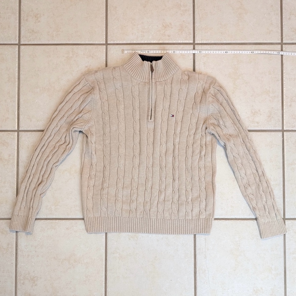 Size L Tommy Hilfiger 100% Cotton Y2K Vintage Cream Chunky Knit Quarter Zip - Picture 15 of 15